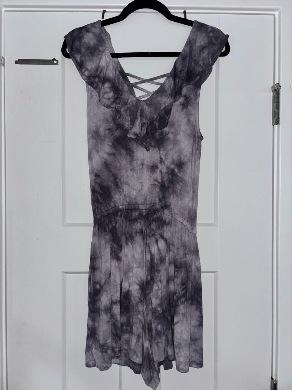 American Eagle Outfitters Gray Tie-Dye Ruffle V-Neck Romper